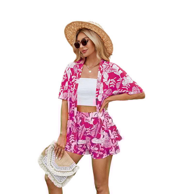 Női két darabos szett: rövid ujjú polo nyakú felső és elasztikus derekú rövidnadrág, virágmintás, poliészter, városi stílus