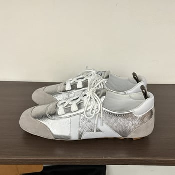 Дамски обувки с връзки от раздвоена кожа, кръгъл нос и кожена подметка