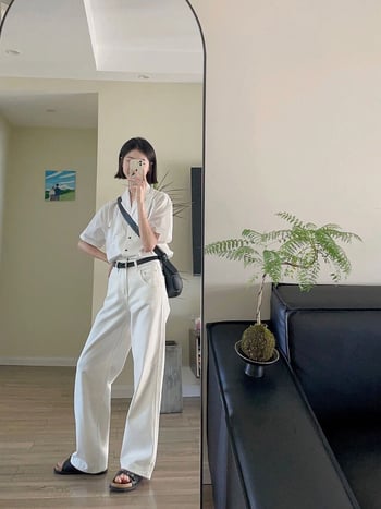 Farmernadrág, egyenes szárú, magas derekú, pamut-poliészter keverék, középmagasságú, mikroelasztikus