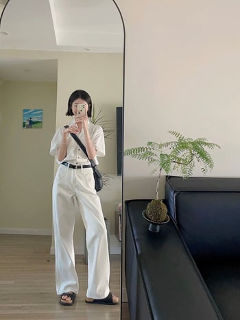 Farmernadrág, egyenes szárú, magas derekú, pamut-poliészter keverék, középmagasságú, mikroelasztikus