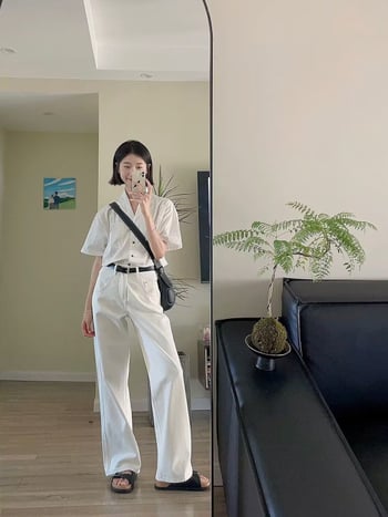 Farmernadrág, egyenes szárú, magas derekú, pamut-poliészter keverék, középmagasságú, mikroelasztikus