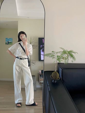 Farmernadrág, egyenes szárú, magas derekú, pamut-poliészter keverék, középmagasságú, mikroelasztikus