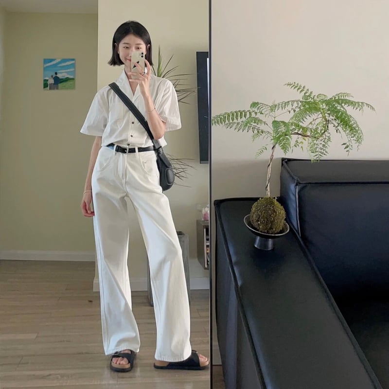 Farmernadrág, egyenes szárú, magas derekú, pamut-poliészter keverék, középmagasságú, mikroelasztikus