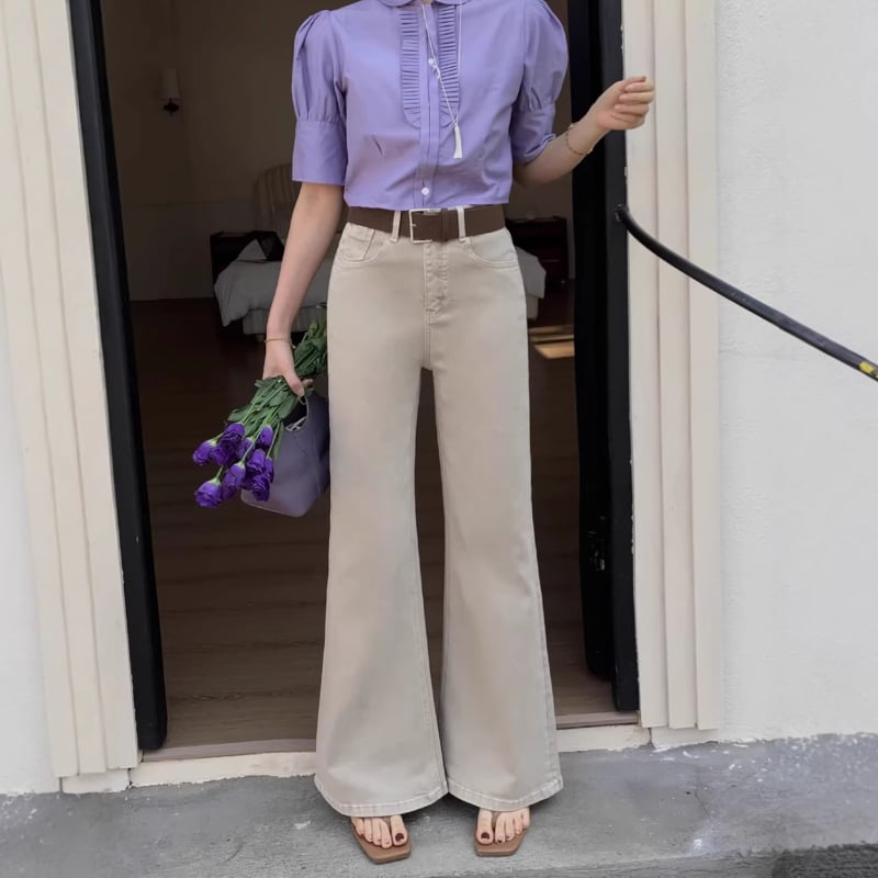 Női pamut-stretch denim nadrág, magas derék, mikro‑görbült egyenes szár, négyszeres rugalmasság, fleece bélés