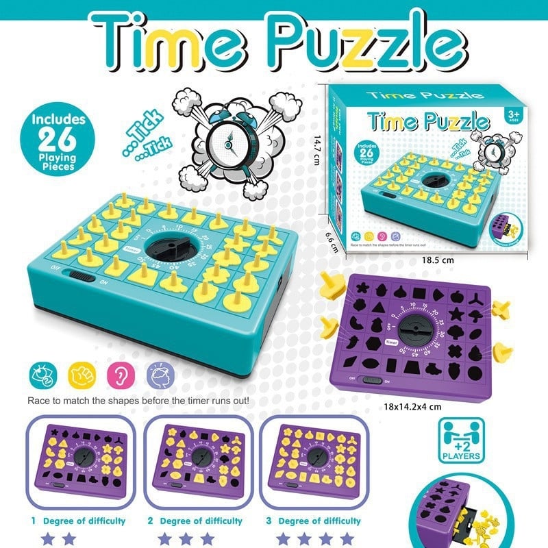 Családi oktató társasjáték időalapú puzzle-illesztés, műanyag elemek, 14+ éveseknek, elősegíti a szülő-gyermek interakciót és a koncentrációt