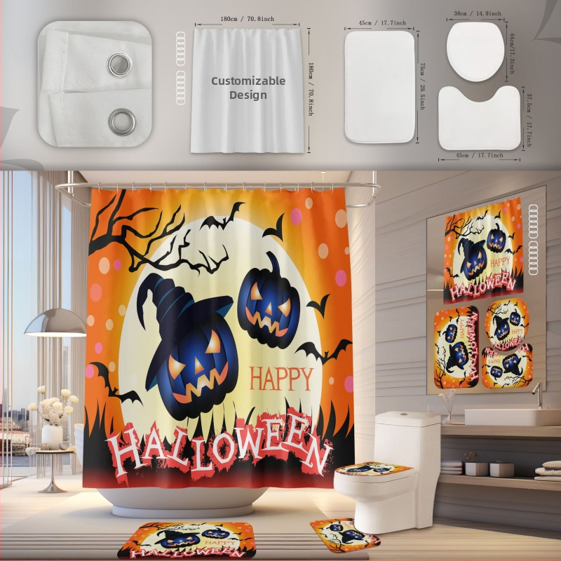 Poliesterska zavjesa za tuširanje i kupaonska prostirka – vodootporna, otporna na plijesan, ugradnja bez bušenja, Halloween dizajn