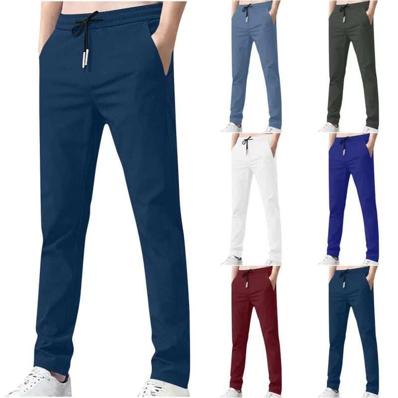Férfiaknak szóló Slim-Fit casual nadrág, középmagas derék, övvel, egyenes szár, poliészter-keverék