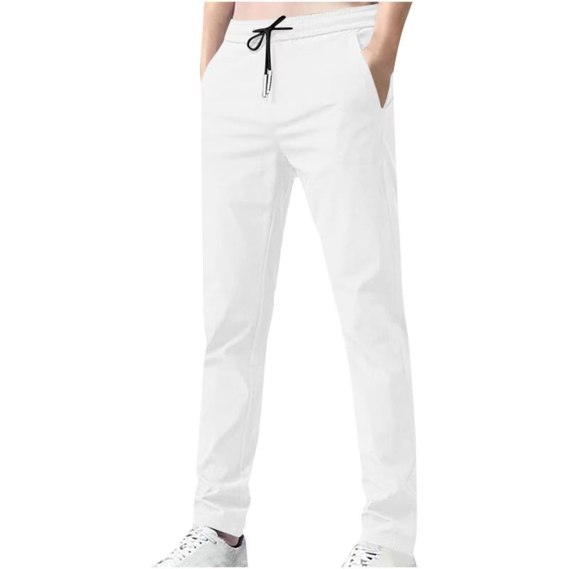 Férfiaknak szóló Slim-Fit casual nadrág, középmagas derék, övvel, egyenes szár, poliészter-keverék