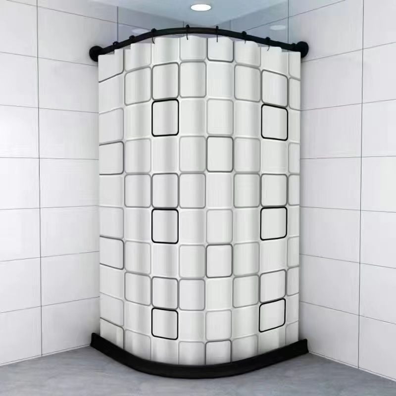 Fúrás nélküli mágneses zuhanyfüggöny ívelt rúddal, vízálló PVC anyag, virágos mintázat