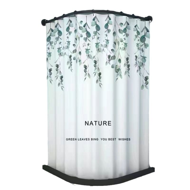 Fúrás nélküli mágneses zuhanyfüggöny ívelt rúddal, vízálló PVC anyag, virágos mintázat