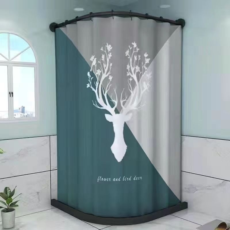 Fúrás nélküli mágneses zuhanyfüggöny ívelt rúddal, vízálló PVC anyag, virágos mintázat