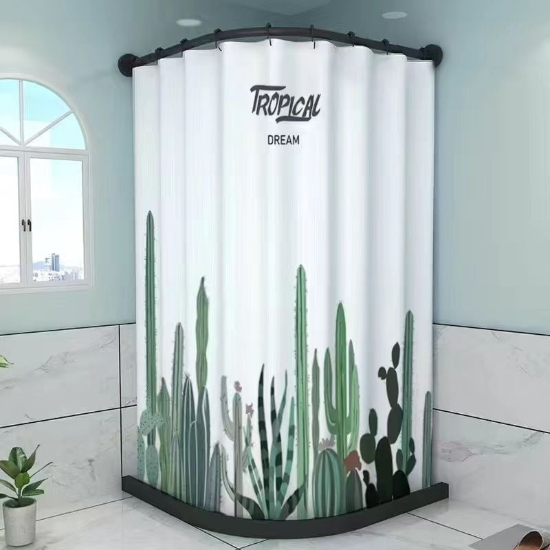 Fúrás nélküli mágneses zuhanyfüggöny ívelt rúddal, vízálló PVC anyag, virágos mintázat