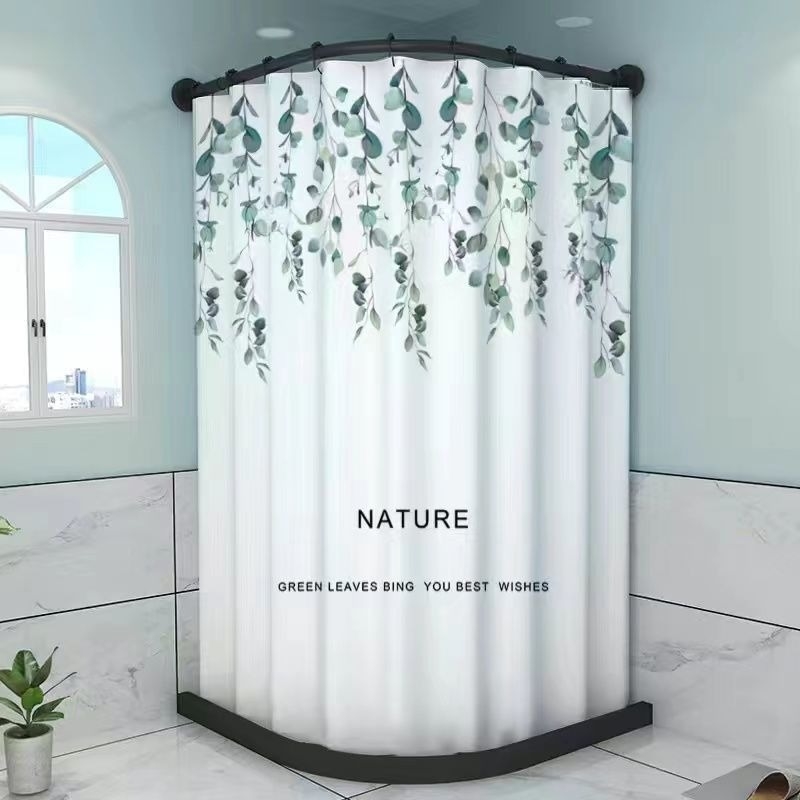 Fúrás nélküli mágneses zuhanyfüggöny ívelt rúddal, vízálló PVC anyag, virágos mintázat