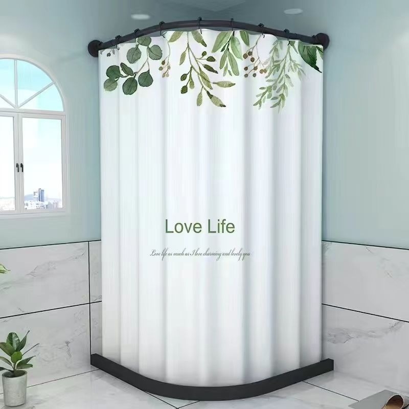 Fúrás nélküli mágneses zuhanyfüggöny ívelt rúddal, vízálló PVC anyag, virágos mintázat