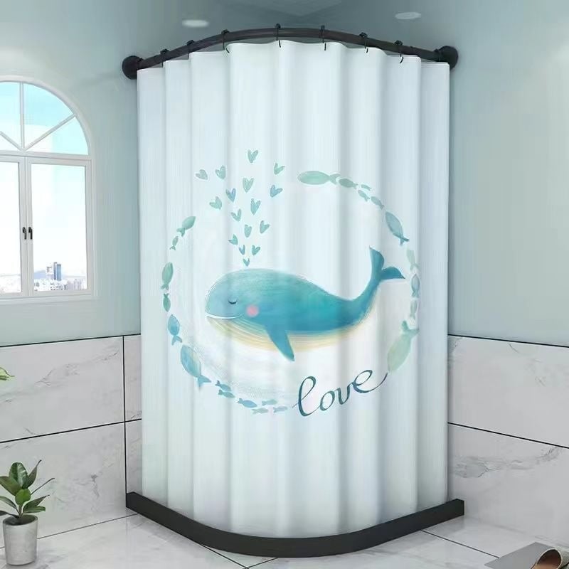 Fúrás nélküli mágneses zuhanyfüggöny ívelt rúddal, vízálló PVC anyag, virágos mintázat