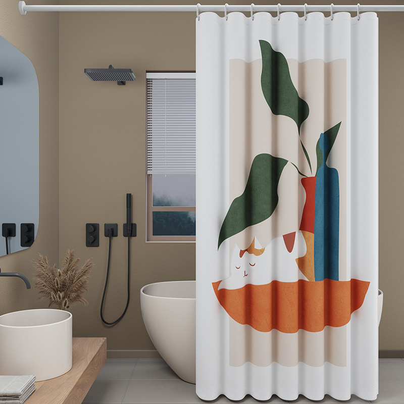 Zuhanyfüggöny készlet - vastagabb vízálló, fúrás nélküli rögzítés, penészedés és nedvességnek ellenálló, poliészter, absztrakt macska színblokkok mintával