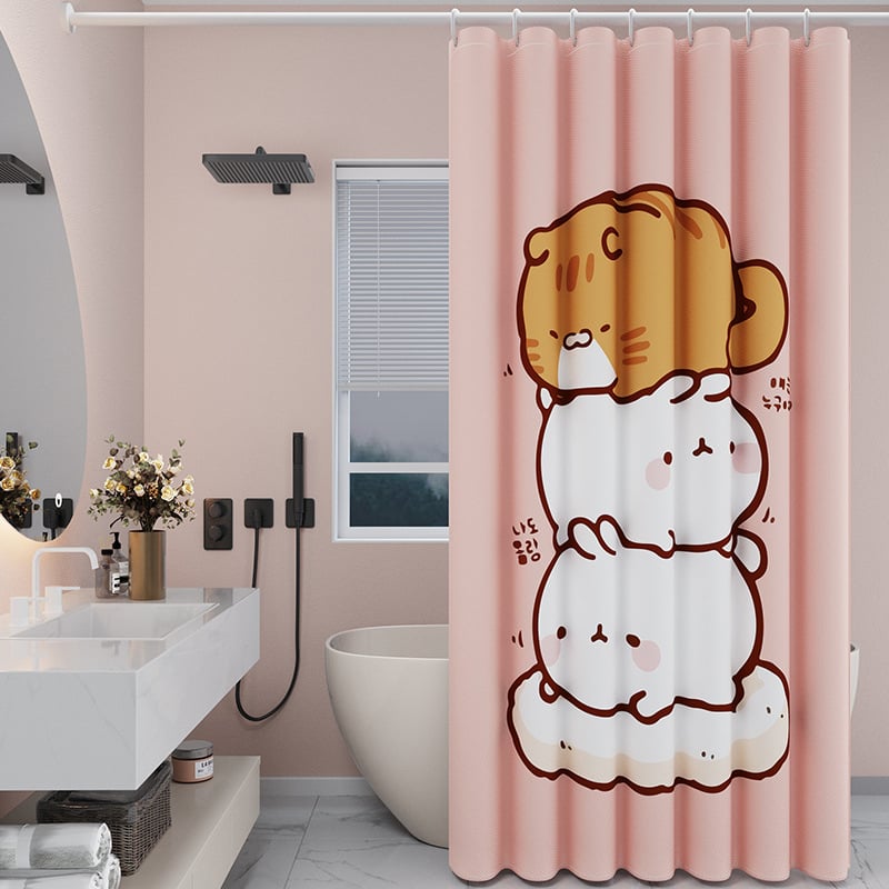 Zuhanyfüggöny készlet - vastagabb vízálló, fúrás nélküli rögzítés, penészedés és nedvességnek ellenálló, poliészter, absztrakt macska színblokkok mintával