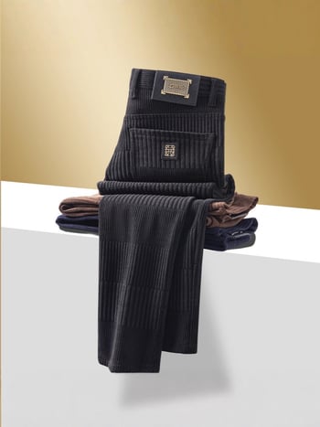 Férfi Jacquard egyenes nadrág, téli vastag anyag, középső derék, zip-fly, enyhe rugalmasság, poliészter keverék, jacquard mintázat