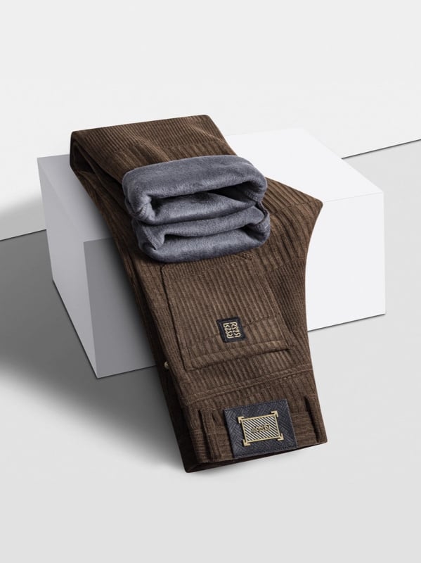 Férfi Jacquard egyenes nadrág, téli vastag anyag, középső derék, zip-fly, enyhe rugalmasság, poliészter keverék, jacquard mintázat