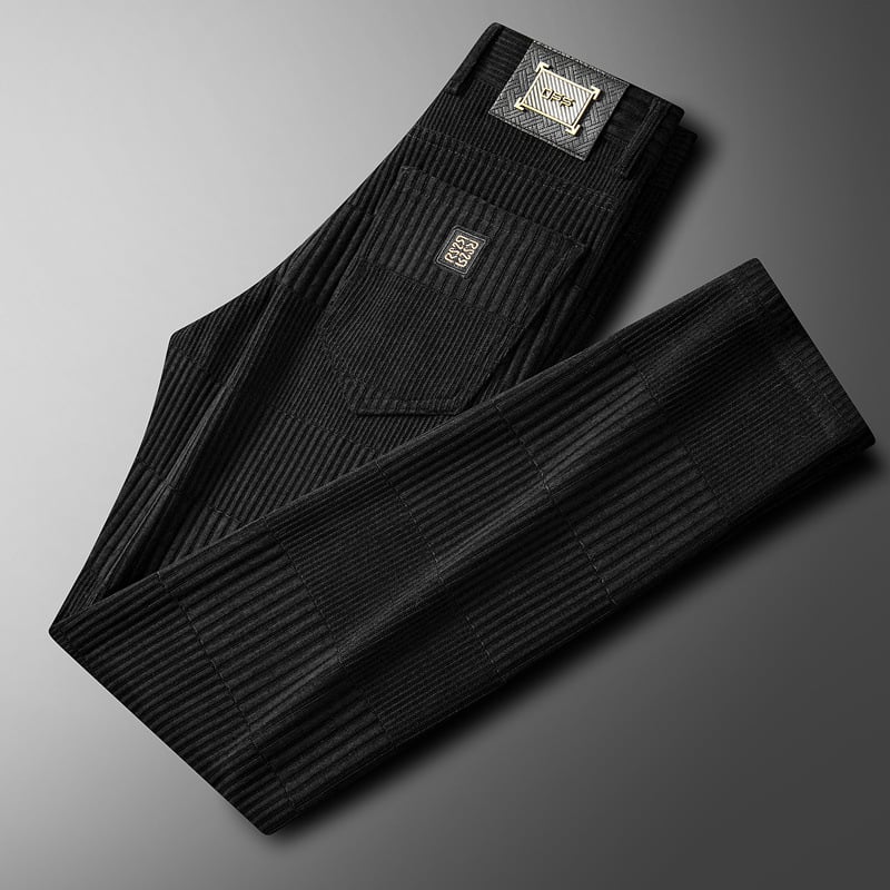 Férfi Jacquard egyenes nadrág, téli vastag anyag, középső derék, zip-fly, enyhe rugalmasság, poliészter keverék, jacquard mintázat