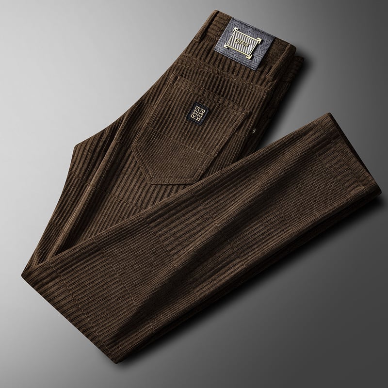 Férfi Jacquard egyenes nadrág, téli vastag anyag, középső derék, zip-fly, enyhe rugalmasság, poliészter keverék, jacquard mintázat