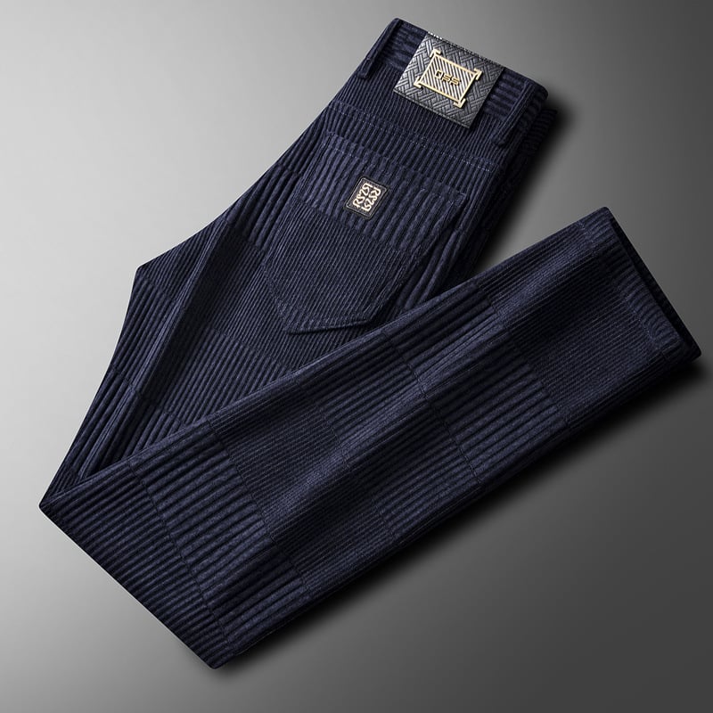 Férfi Jacquard egyenes nadrág, téli vastag anyag, középső derék, zip-fly, enyhe rugalmasság, poliészter keverék, jacquard mintázat