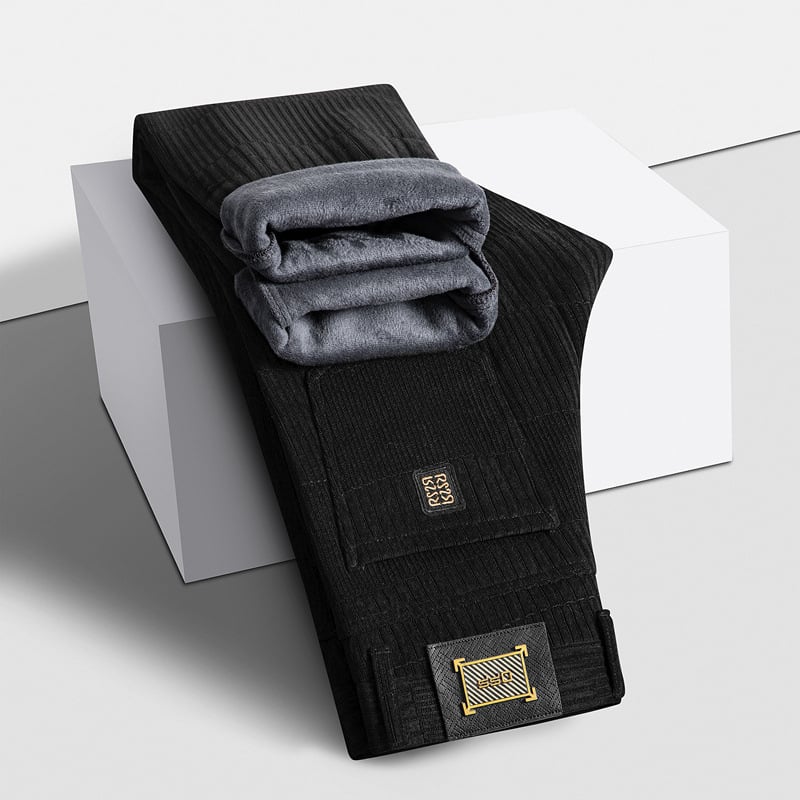 Férfi Jacquard egyenes nadrág, téli vastag anyag, középső derék, zip-fly, enyhe rugalmasság, poliészter keverék, jacquard mintázat