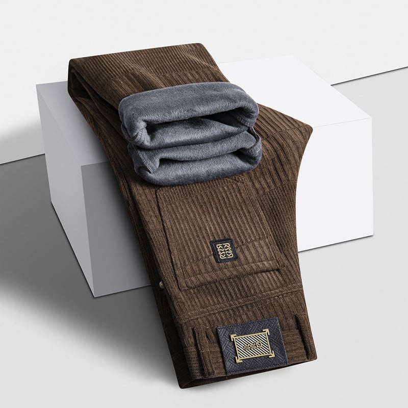 Férfi Jacquard egyenes nadrág, téli vastag anyag, középső derék, zip-fly, enyhe rugalmasság, poliészter keverék, jacquard mintázat