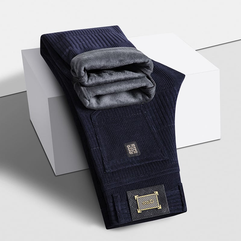 Férfi Jacquard egyenes nadrág, téli vastag anyag, középső derék, zip-fly, enyhe rugalmasság, poliészter keverék, jacquard mintázat