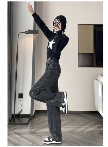 Női farmernadrág magas derékkal, egyenes szabású, vastag denim fleece béléssel, 70-80% pamut és poliészter