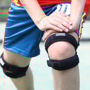 Patellás térdvédő ütéscsillapítással és kompresszióval; anyagok: OK szövet, SBR, Lycra spandex; zár: mágikus csat; univerzális méret; alkalmas futásra, kerékpározásra, kosárlabdára, hegymászásra és edzésre.