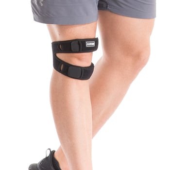 Patellás térdvédő ütéscsillapítással és kompresszióval; anyagok: OK szövet, SBR, Lycra spandex; zár: mágikus csat; univerzális méret; alkalmas futásra, kerékpározásra, kosárlabdára, hegymászásra és edzésre.