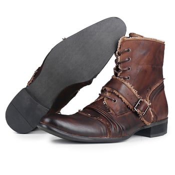 Férfi motoros csizma marhabőrből, cipzárral és fűzővel, gumi talppal, brit stílus