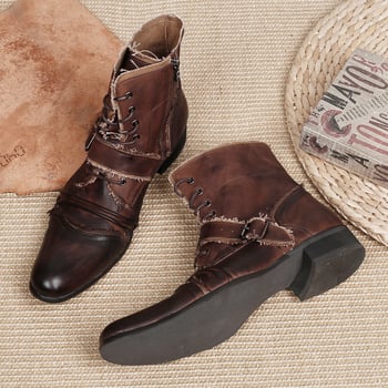 Férfi motoros csizma marhabőrből, cipzárral és fűzővel, gumi talppal, brit stílus