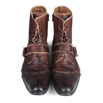 Férfi motoros csizma marhabőrből, cipzárral és fűzővel, gumi talppal, brit stílus