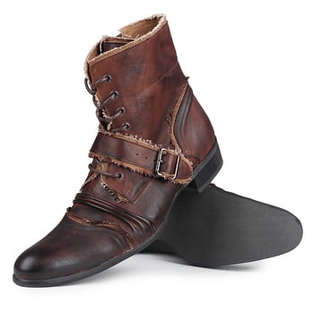 Férfi motoros csizma marhabőrből, cipzárral és fűzővel, gumi talppal, brit stílus