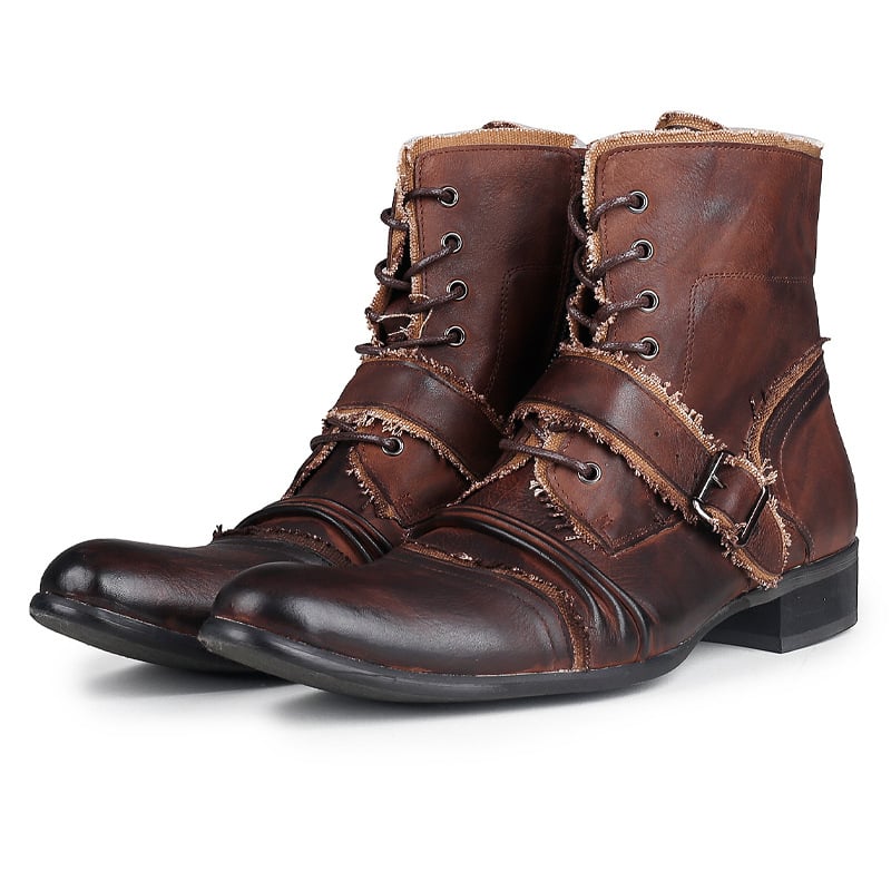 Férfi motoros csizma marhabőrből, cipzárral és fűzővel, gumi talppal, brit stílus