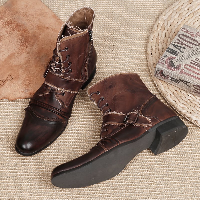 Férfi motoros csizma marhabőrből, cipzárral és fűzővel, gumi talppal, brit stílus