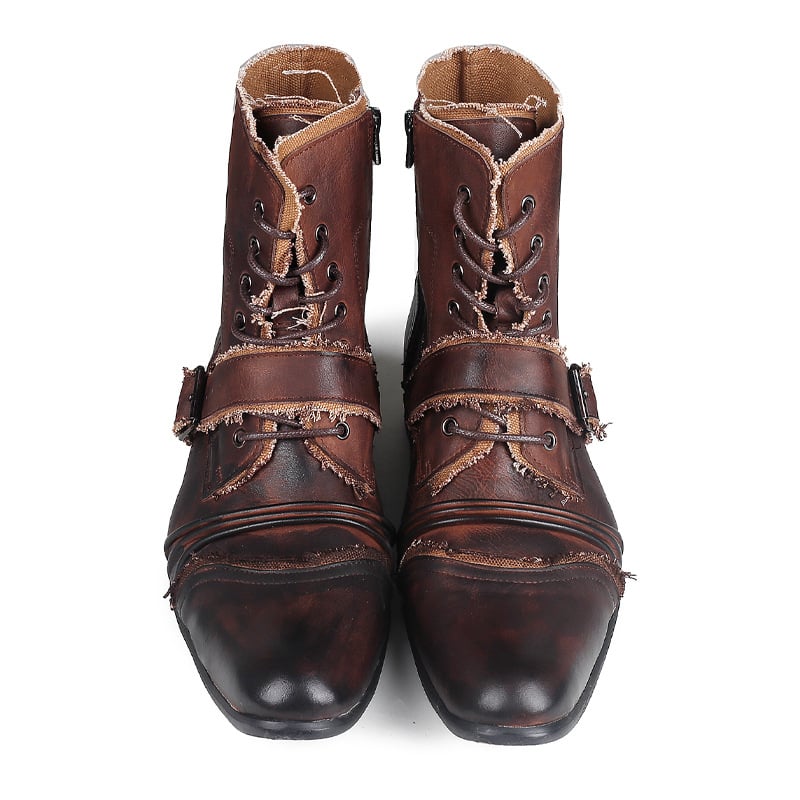 Férfi motoros csizma marhabőrből, cipzárral és fűzővel, gumi talppal, brit stílus