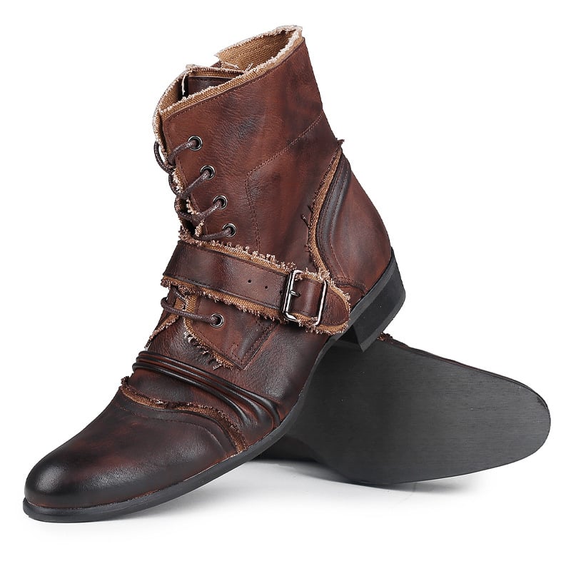 Férfi motoros csizma marhabőrből, cipzárral és fűzővel, gumi talppal, brit stílus