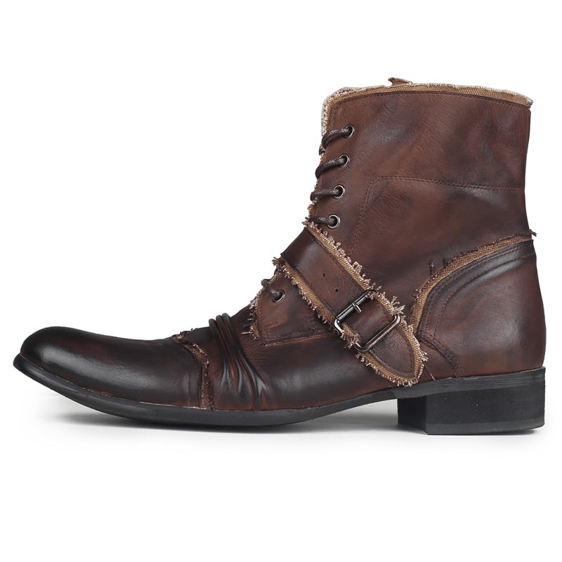 Férfi motoros csizma marhabőrből, cipzárral és fűzővel, gumi talppal, brit stílus