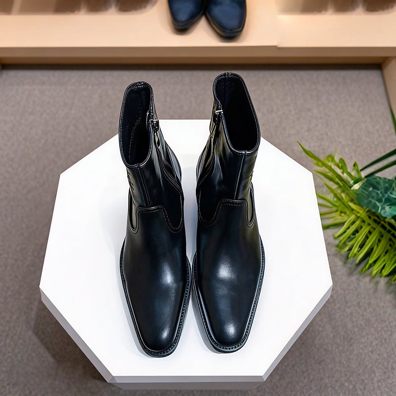 Középmagasságú bőr bokacsizma hegyes orrú, felső része split bőrből, gumitalp, oldalsó cipzár, 3–5 cm sarok