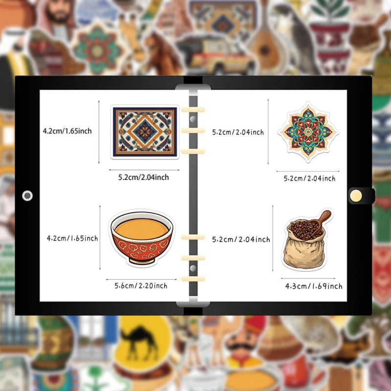 50 darabos vízálló matricákat tartalmazó készlet Közel-Keleti művészeti stílussal, nyomtatott kivitel, telefon- és laptoptokokhoz.