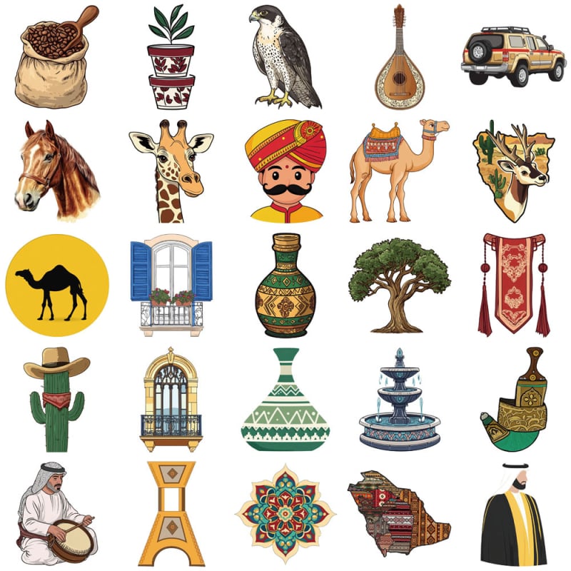 50 darabos vízálló matricákat tartalmazó készlet Közel-Keleti művészeti stílussal, nyomtatott kivitel, telefon- és laptoptokokhoz.