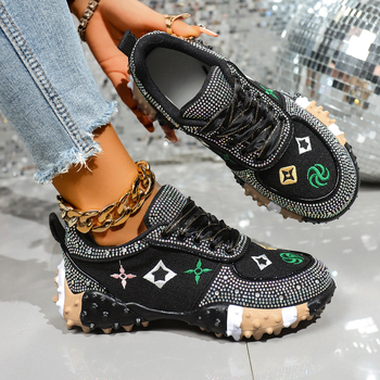 Женски спортни обувки с платнена горна част, платформа и гумена подметка, принт с букви, връзки