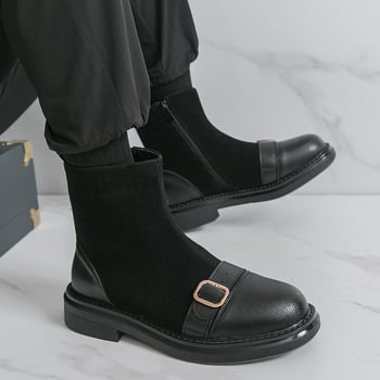 Férfi bőrből készült csizma, PU felsőrész, középmagas, hegyes orrú, oldalsó cipzárral, brit stílus