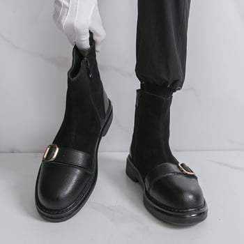 Férfi bőrből készült csizma, PU felsőrész, középmagas, hegyes orrú, oldalsó cipzárral, brit stílus