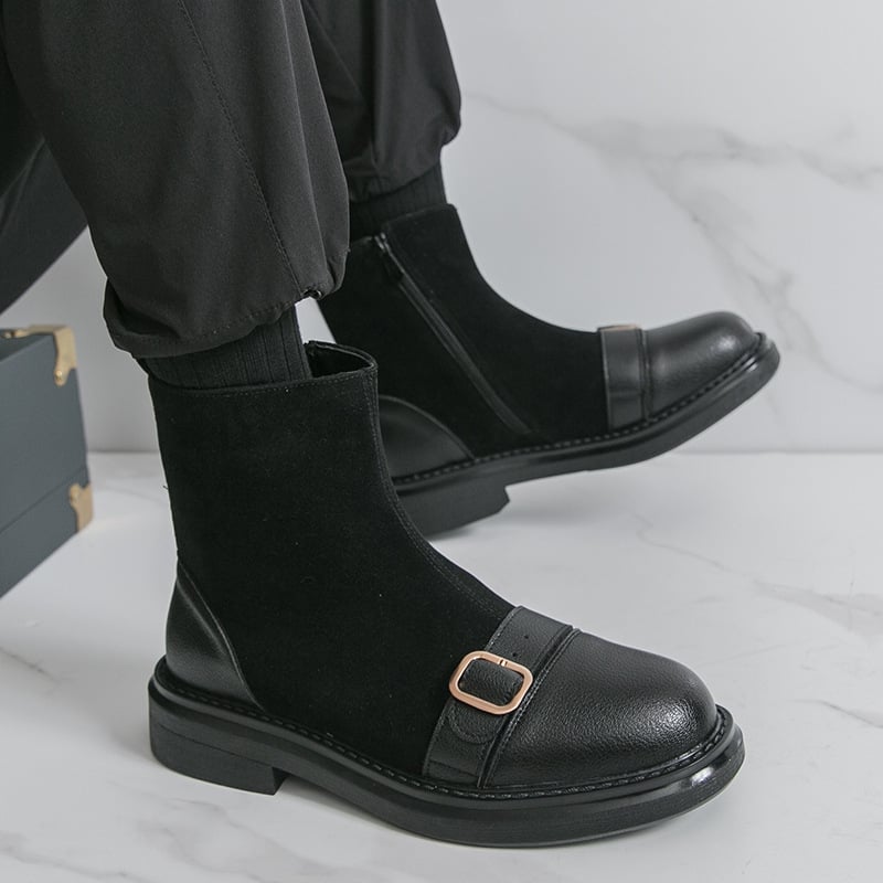 Férfi bőrből készült csizma, PU felsőrész, középmagas, hegyes orrú, oldalsó cipzárral, brit stílus