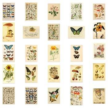 50 retro matricák pillangó- és növénymotívummal naplóhoz, telefontokhoz és iPad-dekorációhoz; vízálló, ragadós, nyomtatott