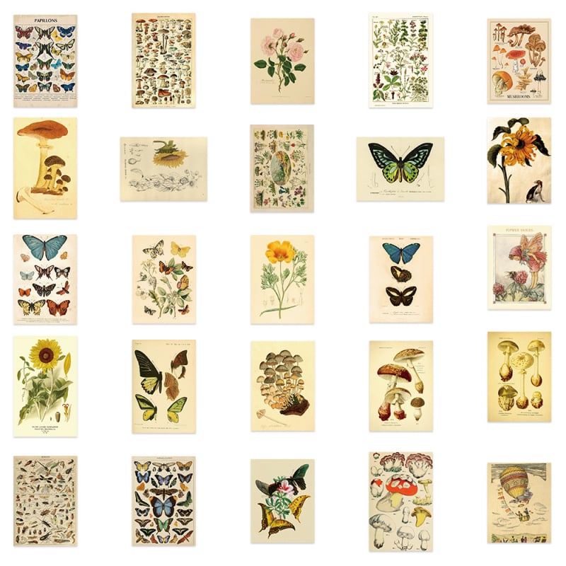 50 retro matricák pillangó- és növénymotívummal naplóhoz, telefontokhoz és iPad-dekorációhoz; vízálló, ragadós, nyomtatott